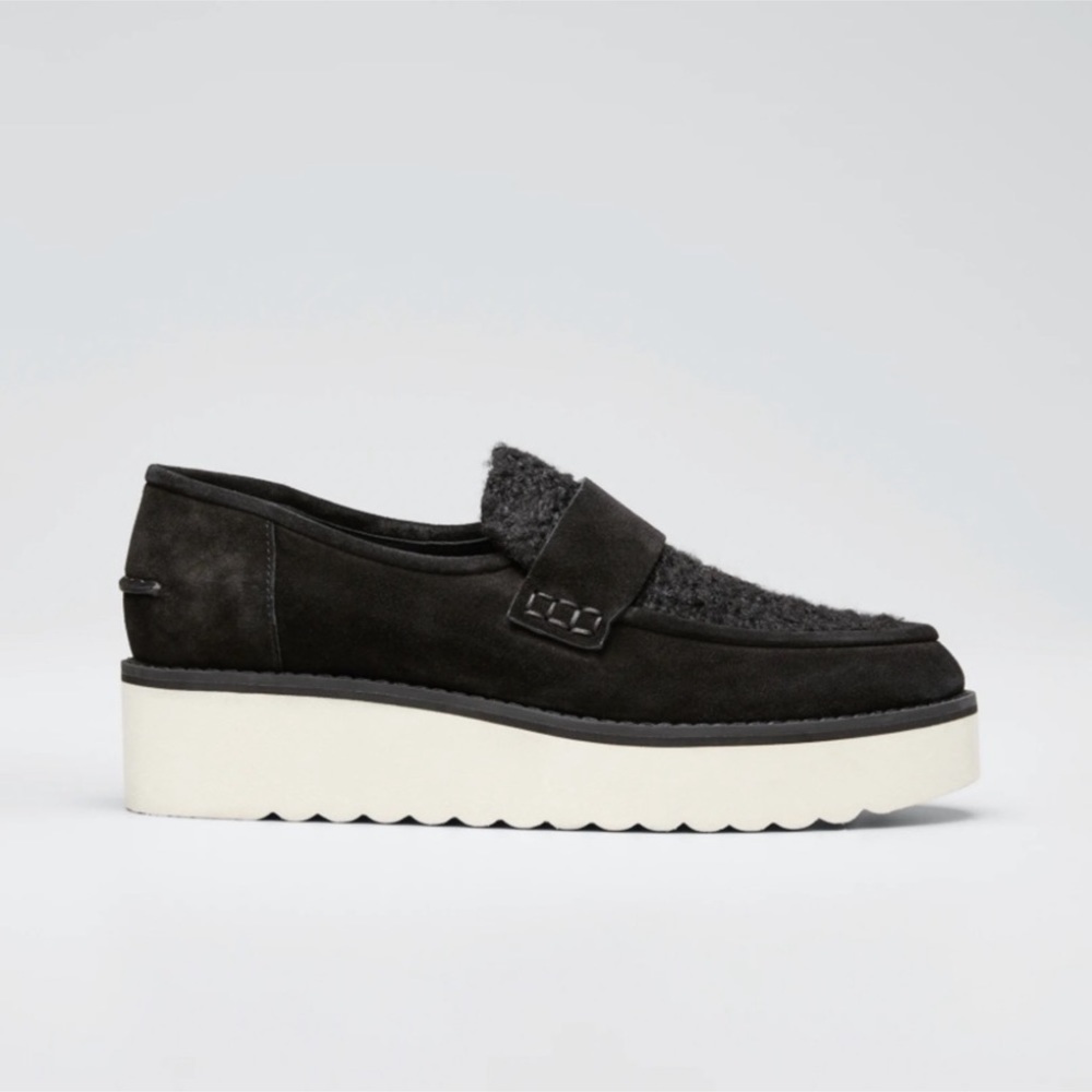 Vince. Zola Platform Faux Shearling Trim Suede Chunky Loafer Size 8 Women